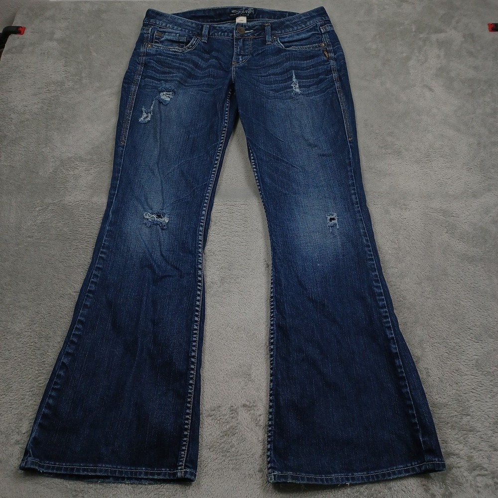 Silver Jeans Womens 32 Blue Denim Denim Flare Casual Distressed Modern